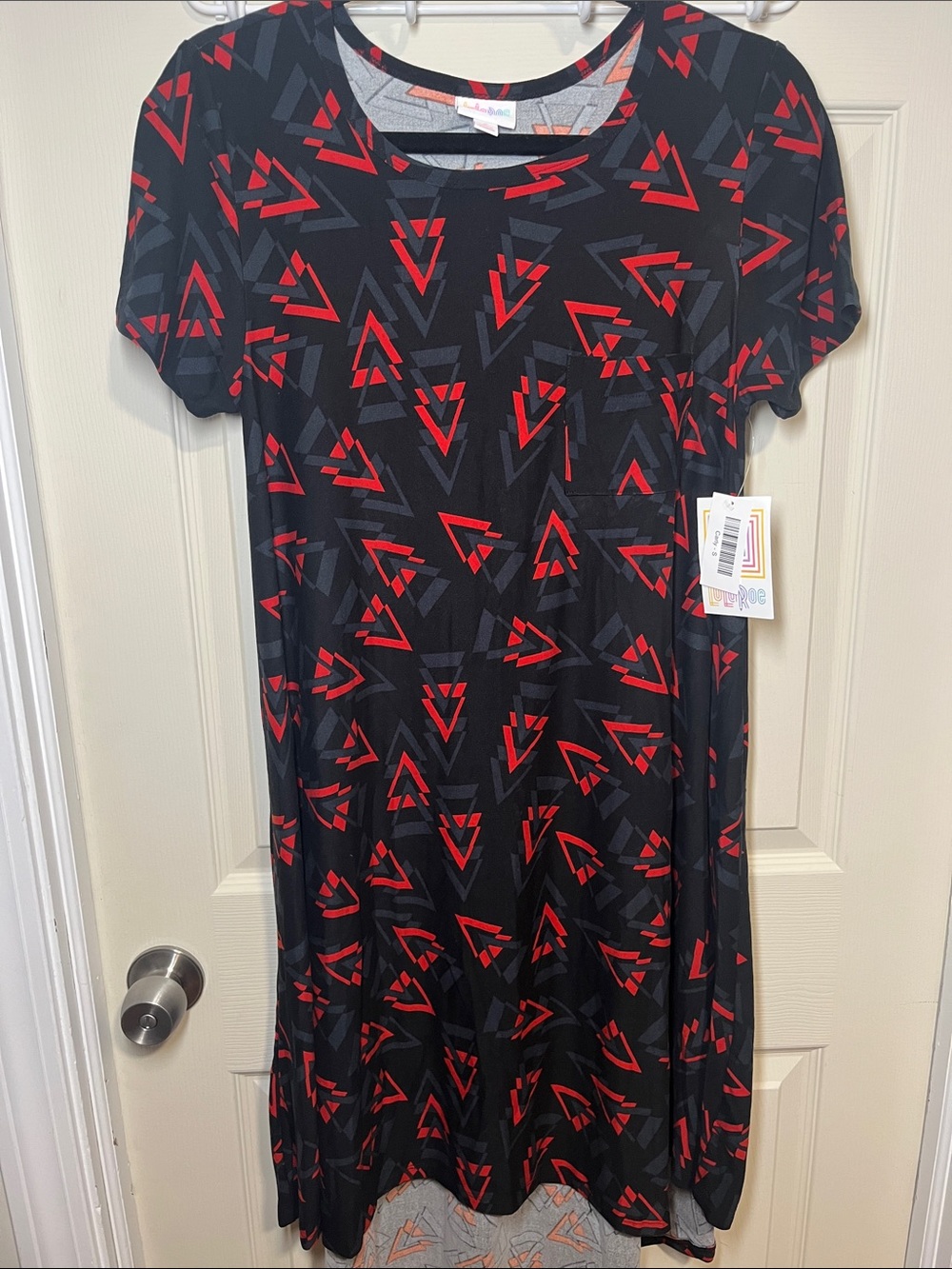 LuLaRoe Carly Black Dress with Red Geometric Print